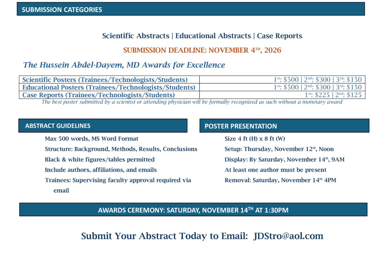 Abstract submission flyer with guidelines and deadlines.